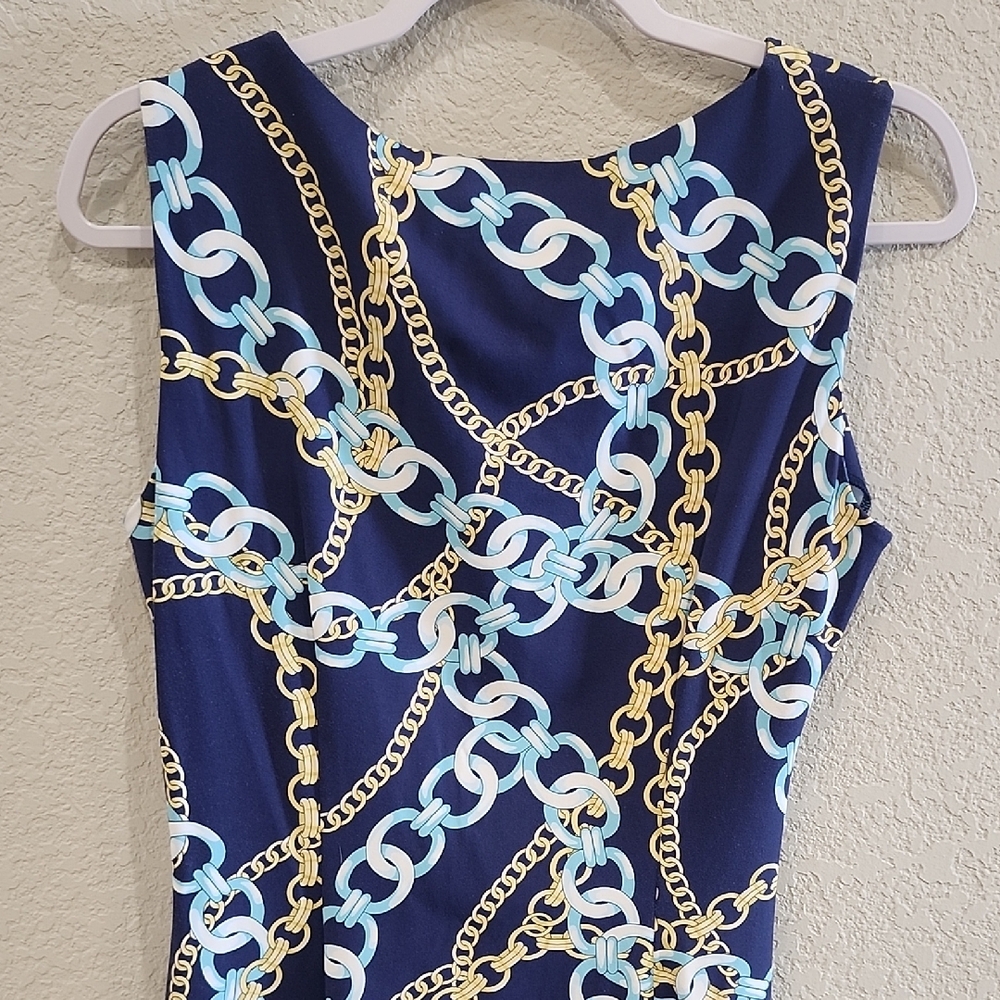 J. McLaughlin Sage Sleeveless Chain Print Midi Dress Navy Blue Gold Designer Lux - Picture 8 of 11